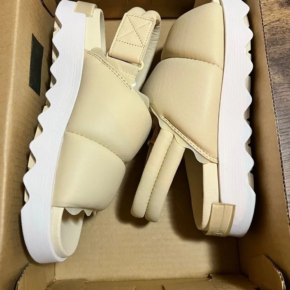 Quilted Sorel Dayspring 9puffy strappy sling back chunky platform sporty sandals